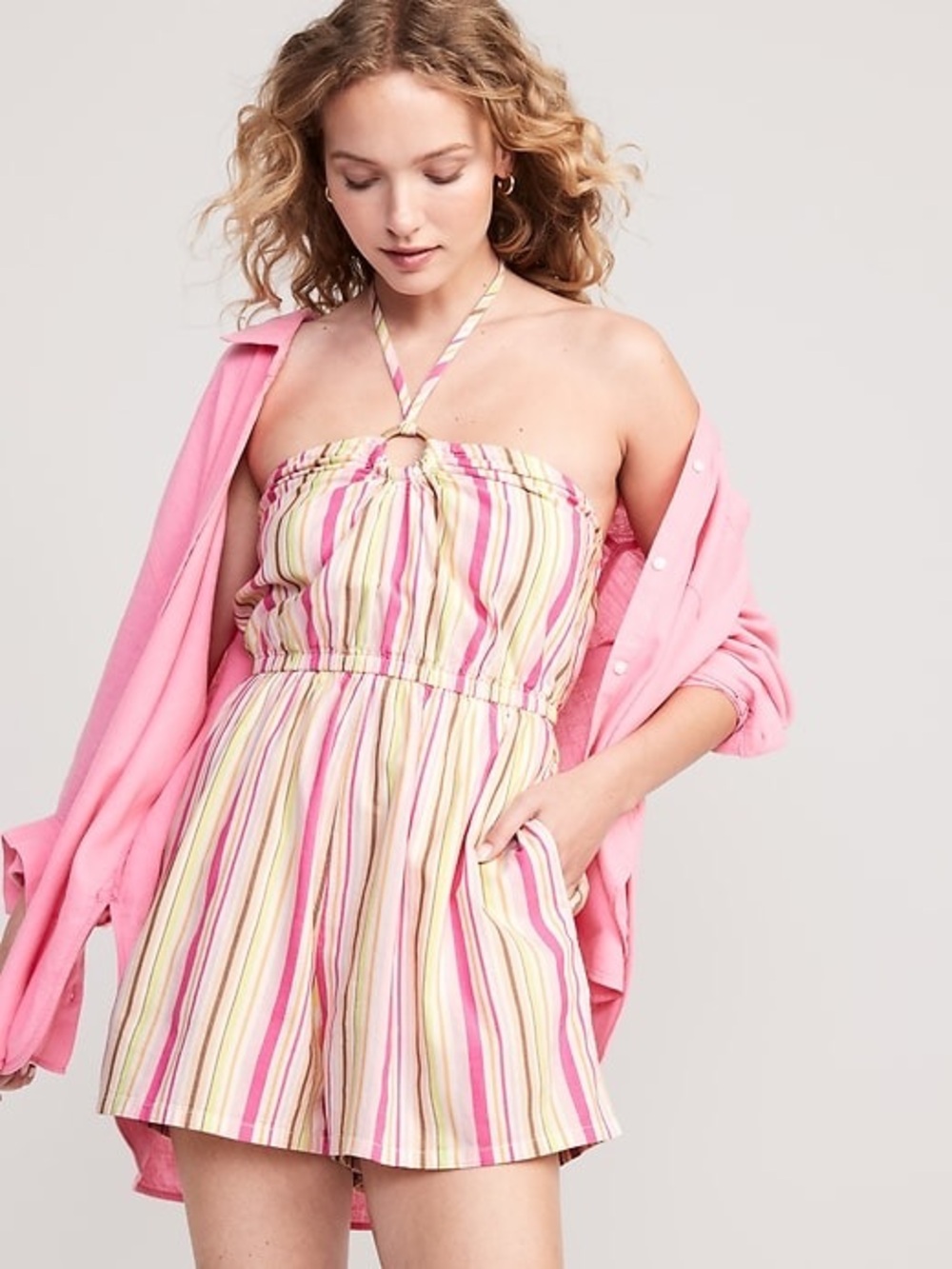 Old Navy Preppy Striped Romper Y2K Style Halter Neck Sun Romper Size Small